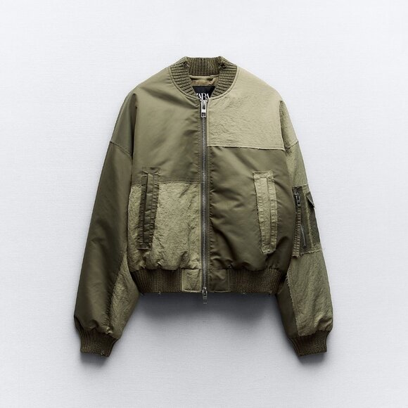 ZARA Water Repellant Patchwork Bomber Jacket Green Oversized Size Medium Padded - Picture 2 of 13